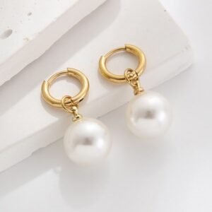Imitation Pearl Geometric Minimalist Huggie Stainless Steel Earring